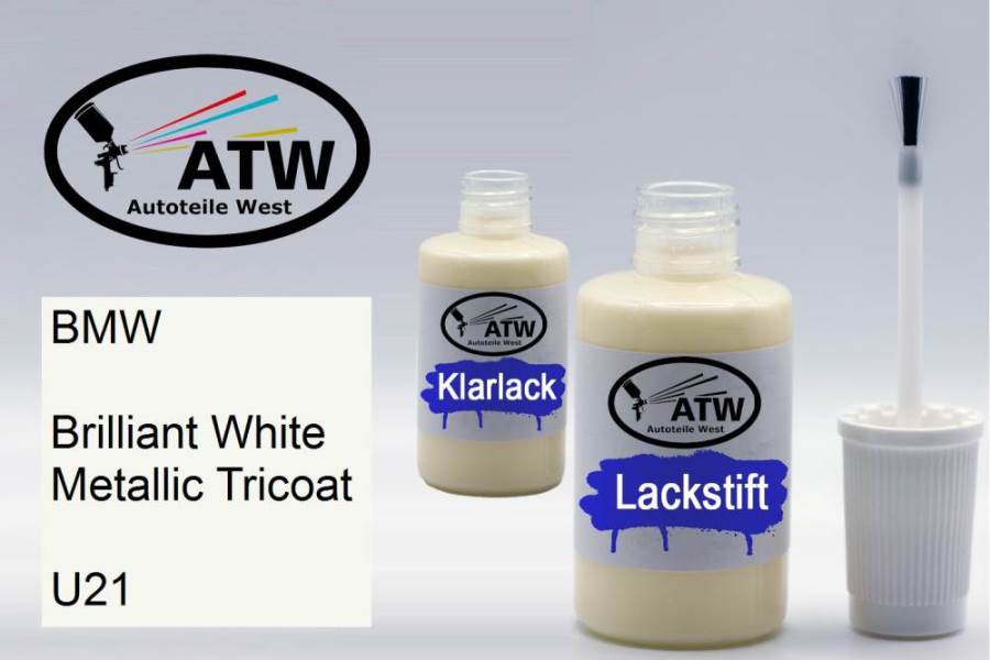 BMW, Brilliant White Metallic Tricoat, U21: 20ml Lackstift + 20ml Klarlack - Set, von ATW Autoteile West.